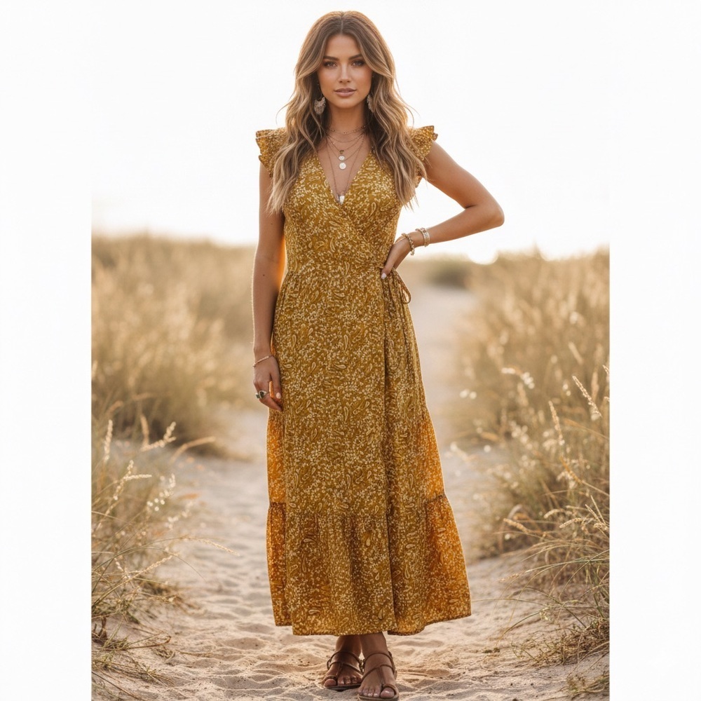 Universal Thread Boho Paisley Wrap Maxi Dress • Mustard Earthy Ruffle Tiered XS